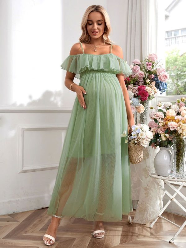 SHEIN Maternity Elegant Romantic Double Layered Ruffle Sleeve Maxi Dress, For Gender Reveal Party