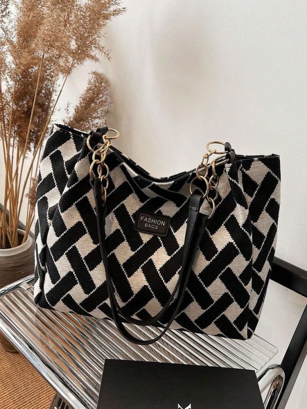 Colorblock Plaid Fiber Zipper Closure Large Capacity Fashion Shoulder Bag Suitable For Daily