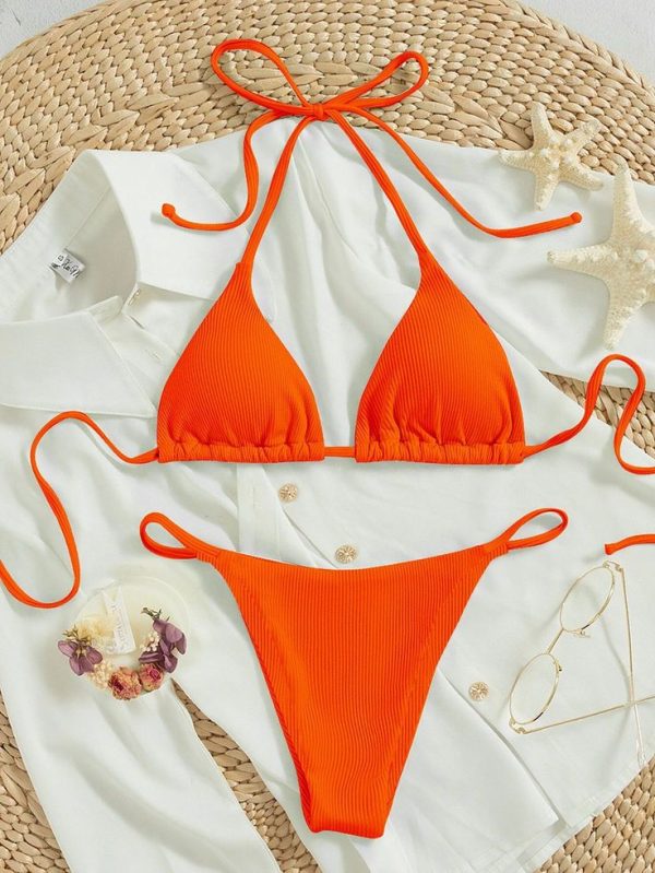 SHEIN Swim Basics Summer Beach Rib Tie Back Halter Triangle Bikini Set, Bathing Suit