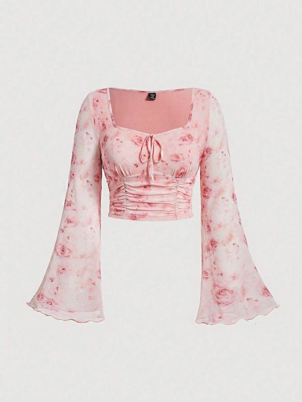 SHEIN MOD Plus Floral Print Tie Front Ruched Tee,Sheer