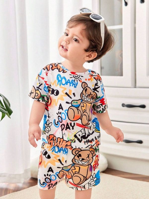 SHEIN Baby Boy/Girl Casual Knitted Cartoon Pattern Short-Sleeved Top With Elastic Waist Shorts Set