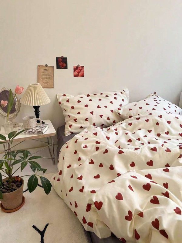 3pcs Heart Printed Bedding Set, 2 Pillowcases & 1 Duvet Cover Combo (Core Not Included)
