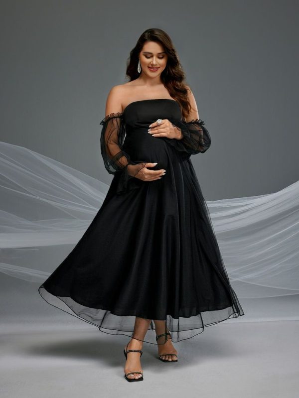 SHEIN Maternity Off Shoulder Flounce Sleeve Mesh Dress