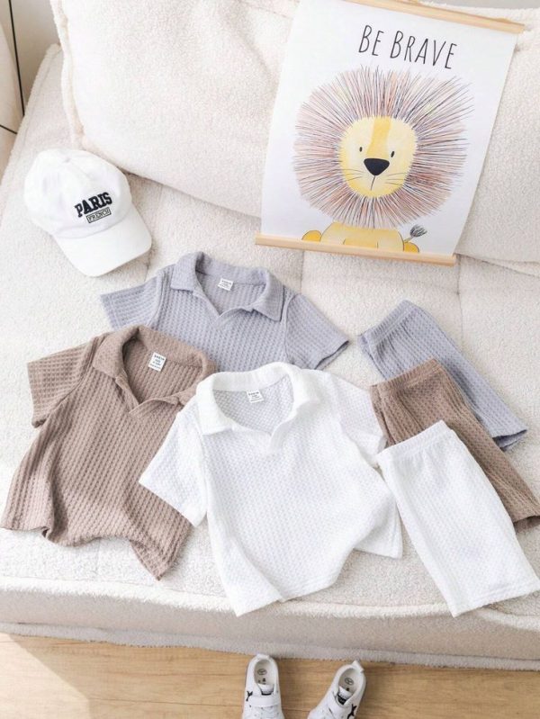 SHEIN Baby Boy/Girl Knitted Collar Half-Zip Tops&Shorts Set, Sportswear Suitable For Home & Outdoors