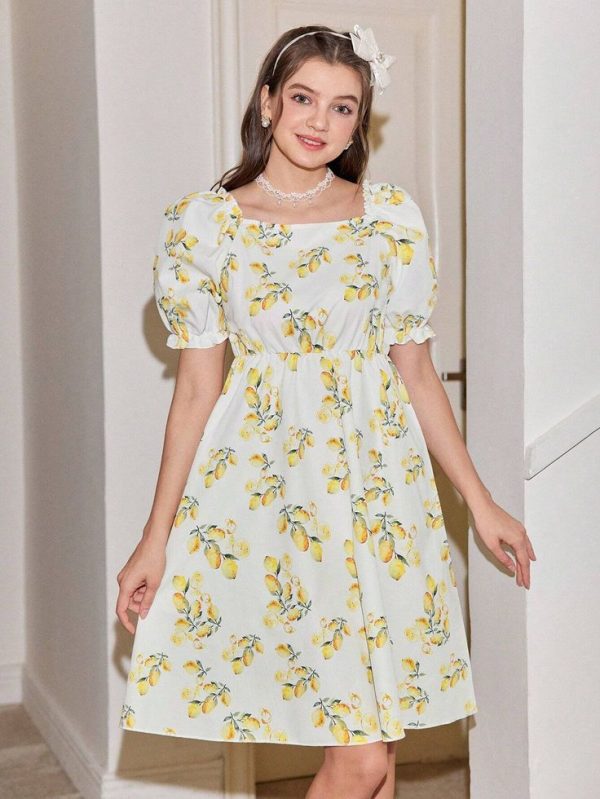 Teen Girl Lemon Printed High Waist Flattering Dress, European And American , Sweet And Fresh Style