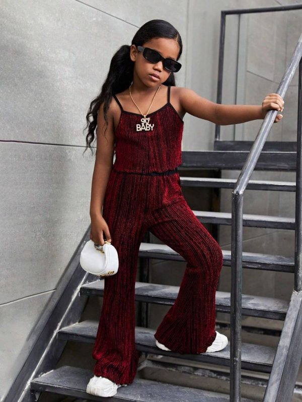 SHEIN Streecool Kids Teen Girl Street Style, Concise Texture Material Tank Top&Bell Bottom Pants Set