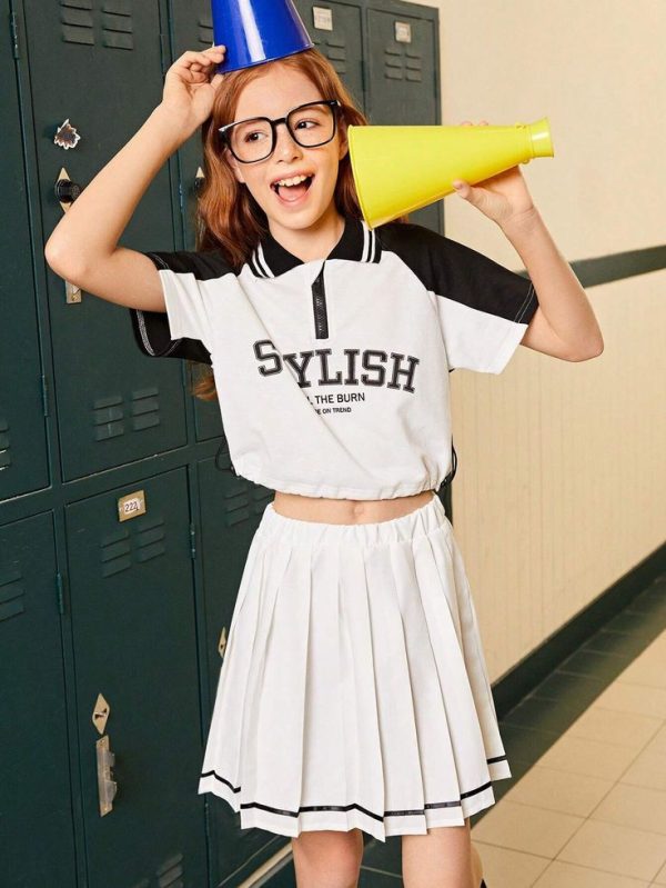 Tween Girls' 2pcs Set: American College Style Polo Collar Dress With Pleats