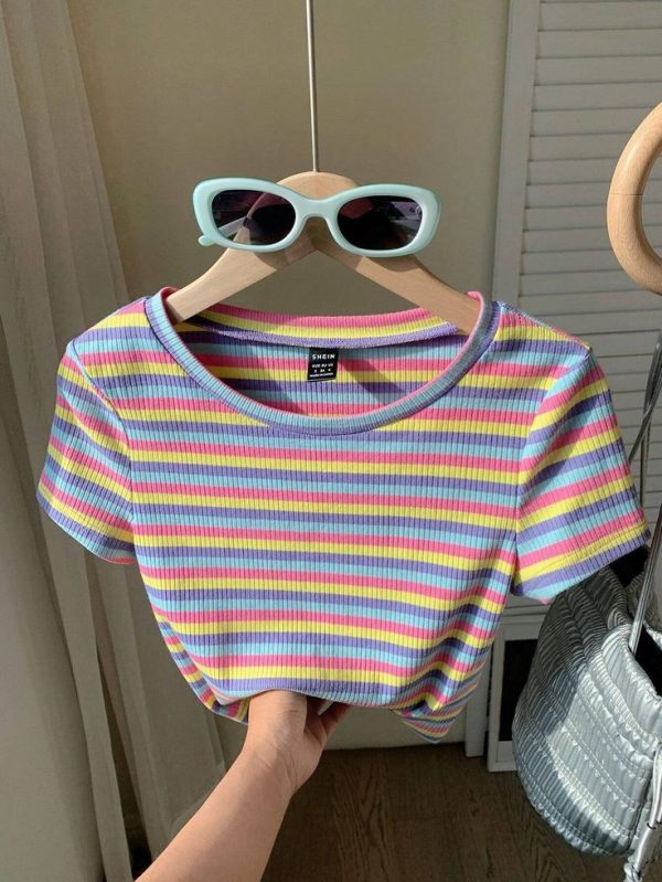 SHEIN EZwear Colorful Striped Knit Slim-Fit Women\ T-Shirt