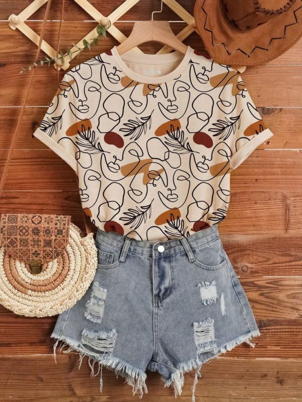 SHEIN LUNE Women's All-Over Printed Round Neck Short Sleeve T-Shirt