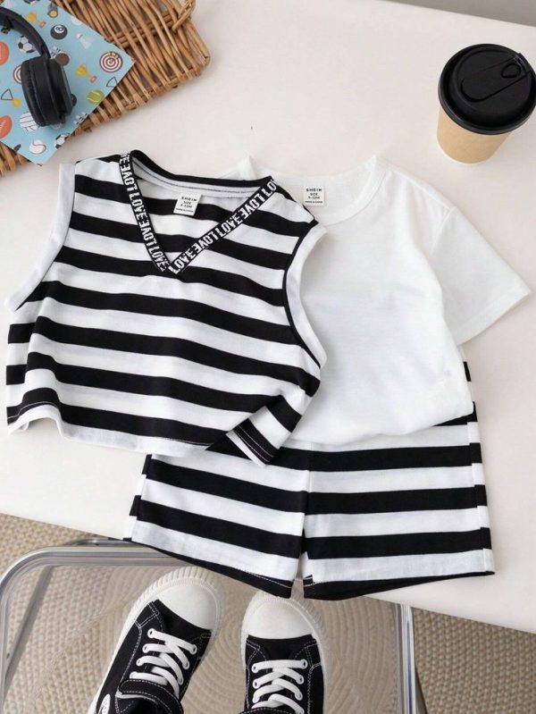 SHEIN 3pcs Baby Girl/Boy Colorblock Black&White Striped, Sleeveless Top & Drop Shoulder T-Shirt Set