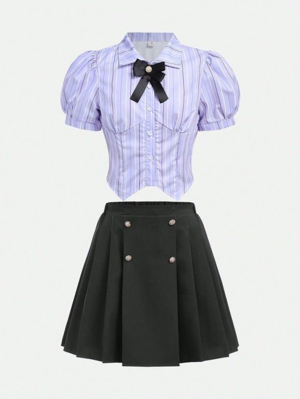 Teen Girls Printed Short Sleeve T-Shirt And Solid Color Skirt Set