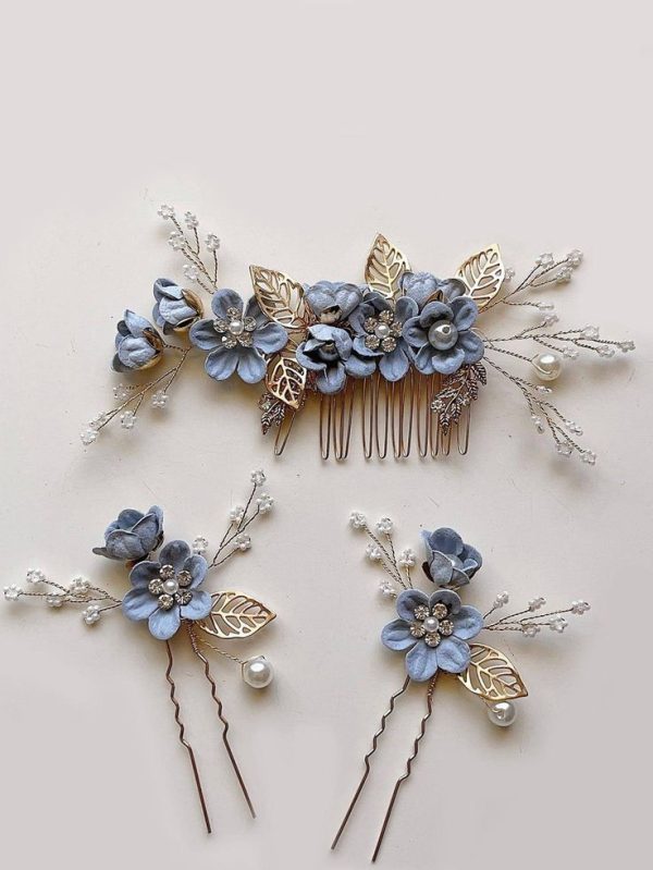 Women Faux Pearl & Flower Decor Fashion Bride Hair Pin & 1pc Hair Comb For Wedding Party Boho Tiaras