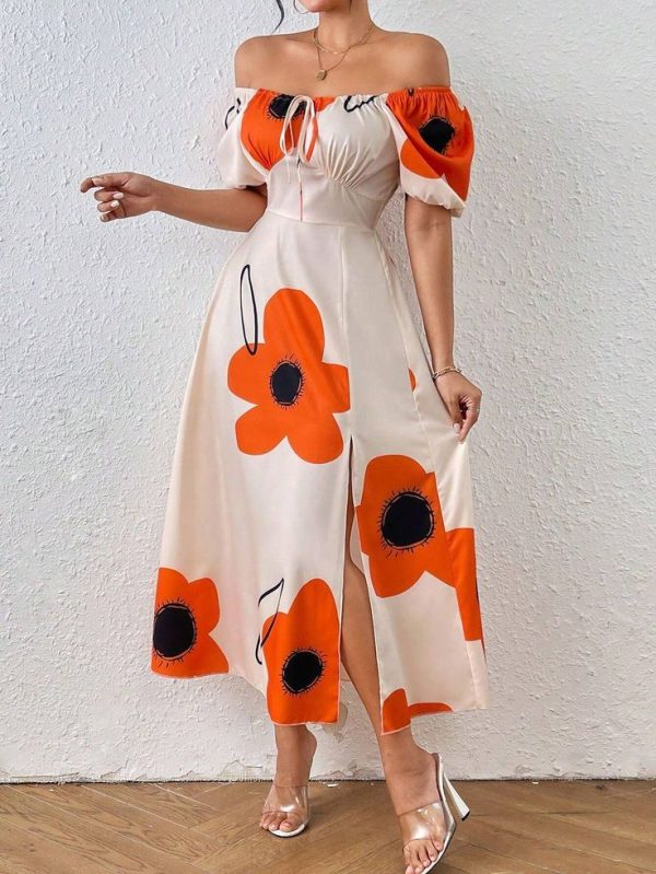 SHEIN Privé Women's Summer Flora Printed One Shoulder Short Bubble Sleeve Long Side-Split Maxi Dress