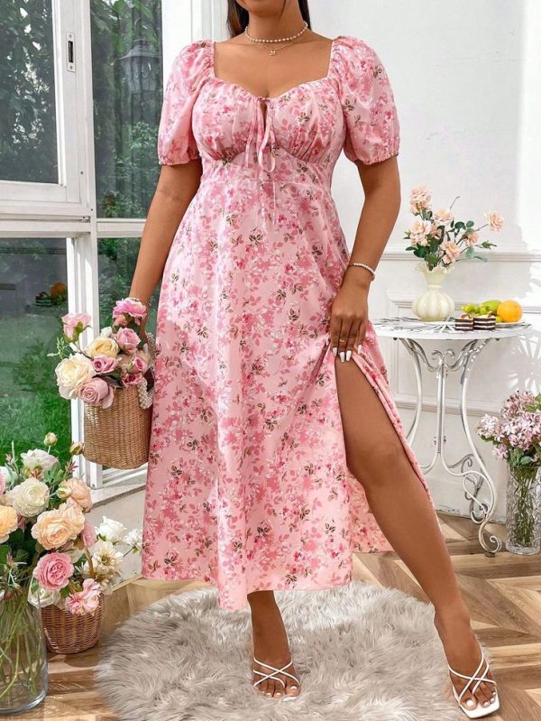 SHEIN Frenchy Plus Size Short Sleeve Floral Printed Split Romantic Holiday Dress Summer