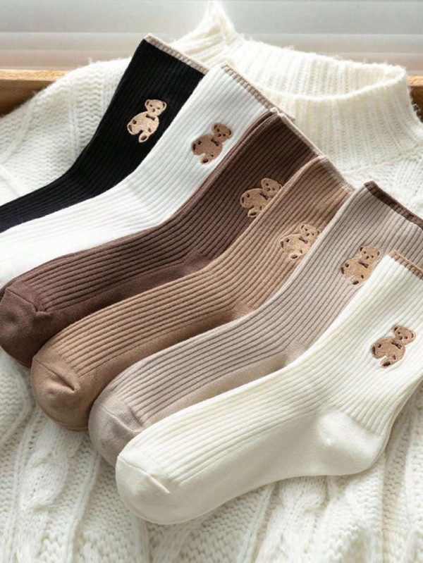 6 Pairs Of New College Style Brown Teddy Bears Autumn Style Korean Style Women's Socks