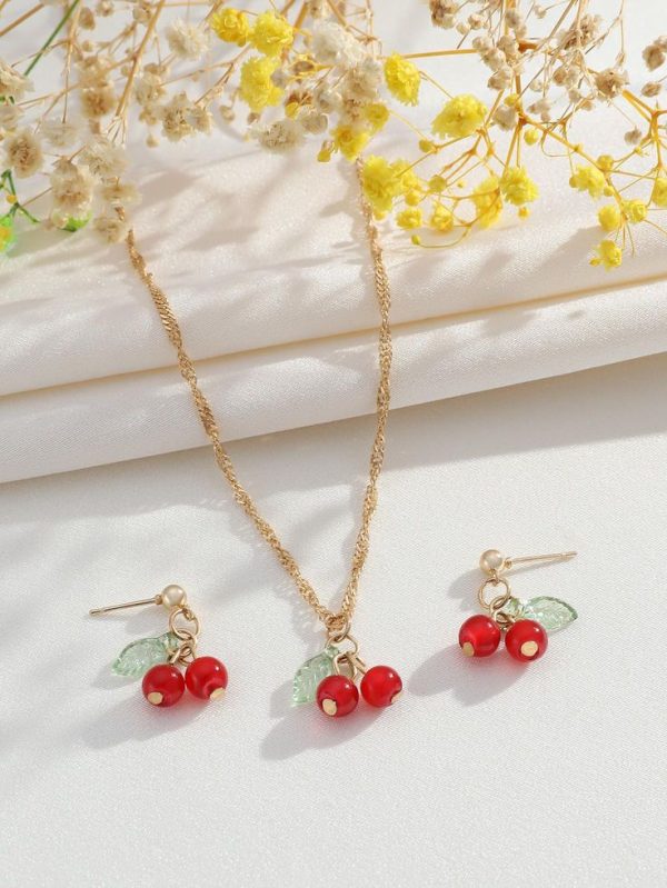 3pcs/set Delicate Cherry Necklace & Cute Earrings & Unique Peanut Necklace Earring Sets