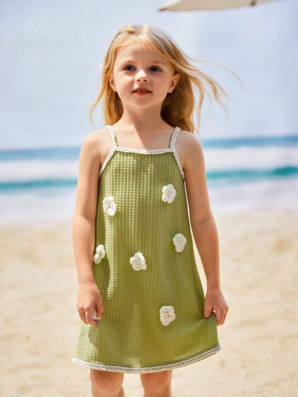 Girls' Plaid Waffle Sweetheart Neckline Sleeveless Dress With 3D Flower Embellishments
