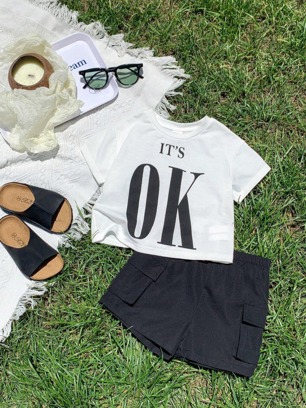 SHEIN Summer Baby Boy/Girl Elastic Waistband Short Sleeve T-Shirt And Shorts Set With Letter Print