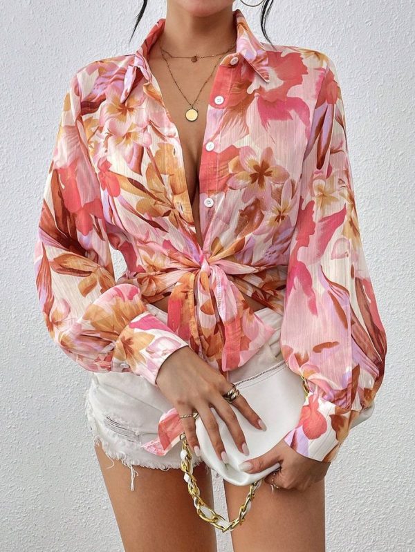 SHEIN Essnce Women's Floral Printed Lantern Sleeve Long Sleeve Shirt
