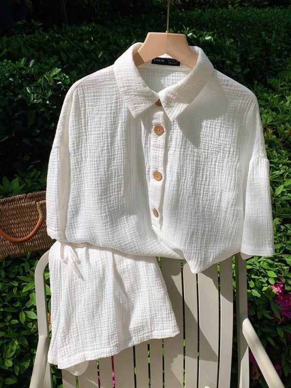 SHEIN EZwear White Woven Women Summer Plain Drop Shoulder Loose Shirt And Shorts Casual Set