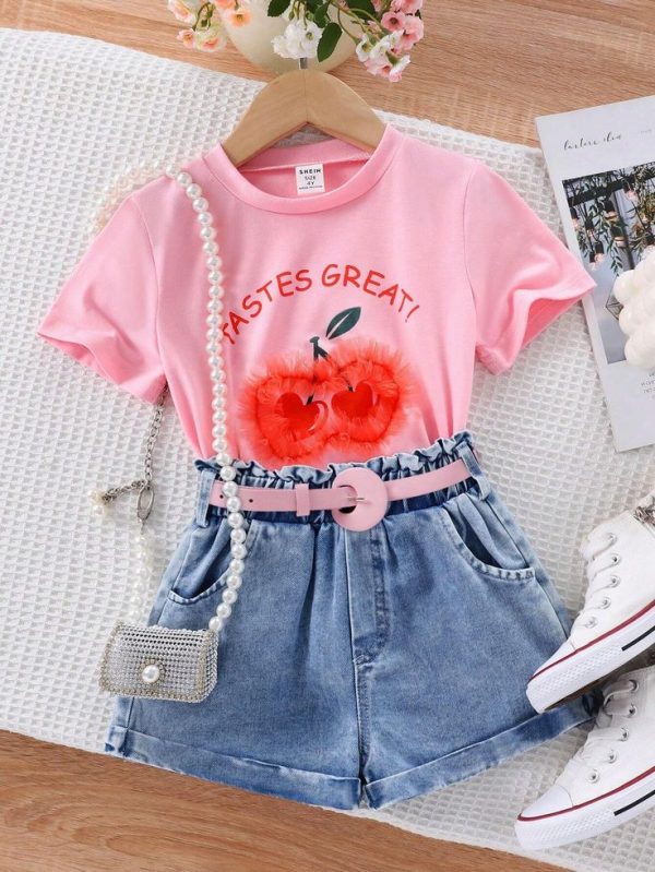 Girls' Cute Cherry Printed Top And Belted Shorts Set