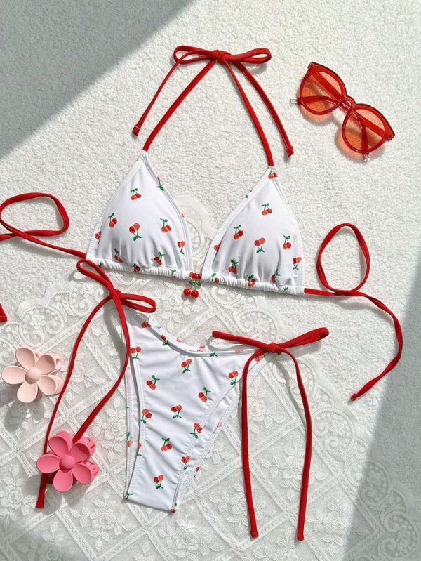 SHEIN Swim Mod Women Summer Beach Cherry Print Halter Neck Bikini Set For Vacation