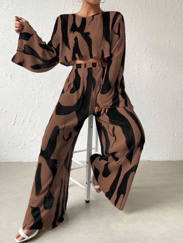 SHEIN Privé Bell Sleeve Cropped Top And Wide Leg Pants Set
