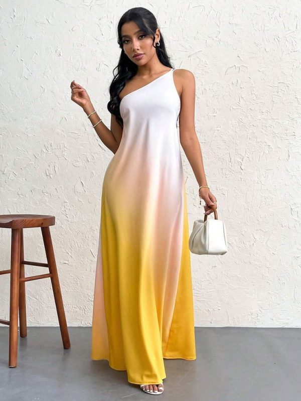 SHEIN Privé Gradient Ladies" Backless Single Shoulder Knot Design Super Long Dress