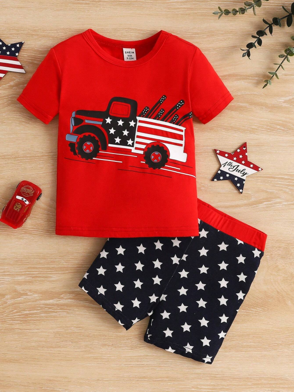 SHEIN Baby Boy Snug Fit Cartoon Car Pattern Short Sleeve T-Shirt And Star Pattern Shorts Pajamas Set