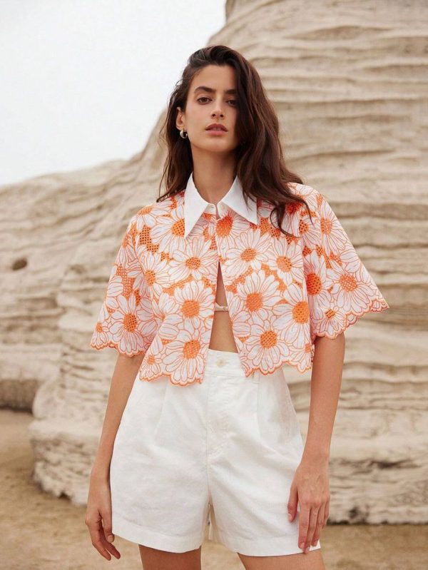 SHEIN VCAY Random Elegant Daisy Embroidery Hollow Out Shirt