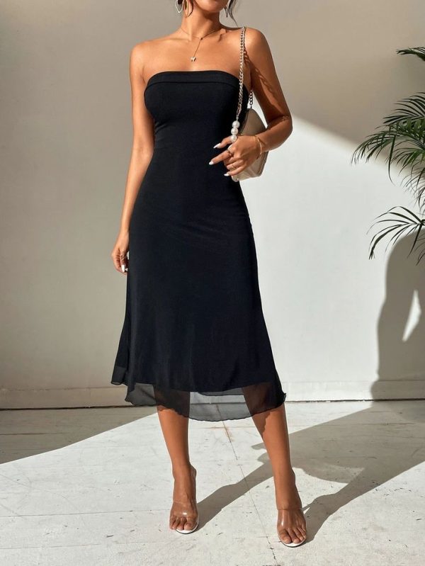 SHEIN Privé Spring Break Solid Backless Tube Off Shoulder Long Summer Bodycon Long Black Dress