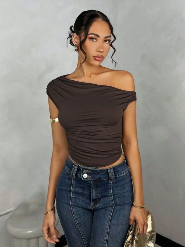 SHEIN BAE Women Solid Color Pleated Asymmetrical Oblique Shoulder Summer Top