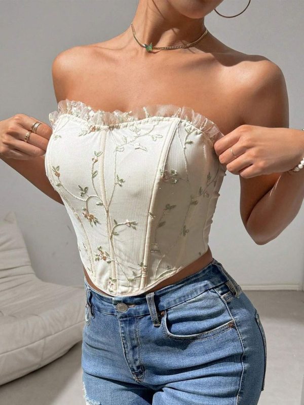 SHEIN BAE Women's Floral Embroidery Asymmetrical Hem Bandeau Sleeveless Top