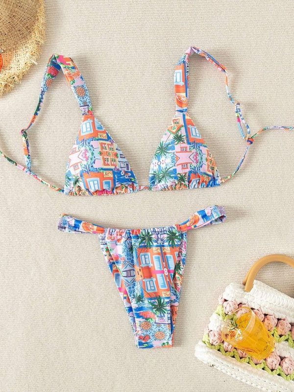 SHEIN Swim Summer Beach Women's Palm Tree Printed Swimwear Set Carnival