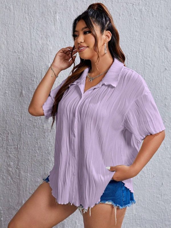 SHEIN EZwear Plus Solid Button Front Lettuce Trim Plisse Shirt