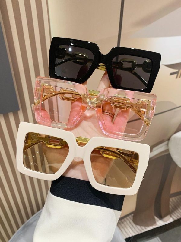 Women's Square Frame Trendy Sunglasses With Chain Decor For Daily Life Beach Accessories