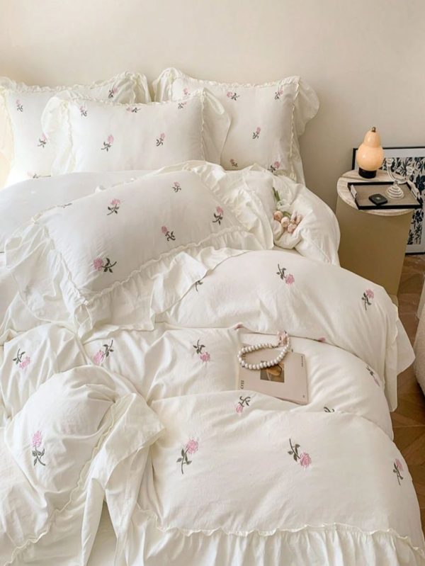 Elegant Rose Embroidery Bedding Set With Ruffled Edges, Includes Duvet Cover And Pillowcases