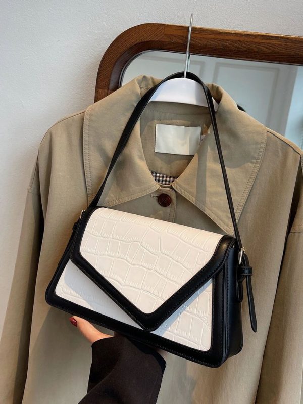 Fashionable Color-Block Crocodile Pattern Diamond Checkered Flap Zipper Vintage Simple Shoulder Bag