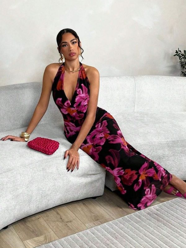 SHEIN BAE Halter Cowl Collar Mesh Printed Mermaid Dress
