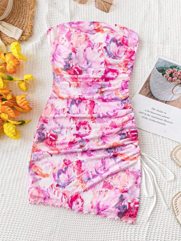 SHEIN WYWH Vacation Women's Summer Romantic Country Style Colorful Floral Print Strapless Dress