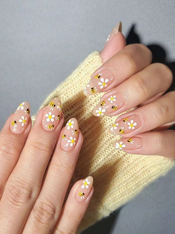 Transform Your Nails With, 24pcs Long Almond Floral & Honeybee Design Fake Nail Set