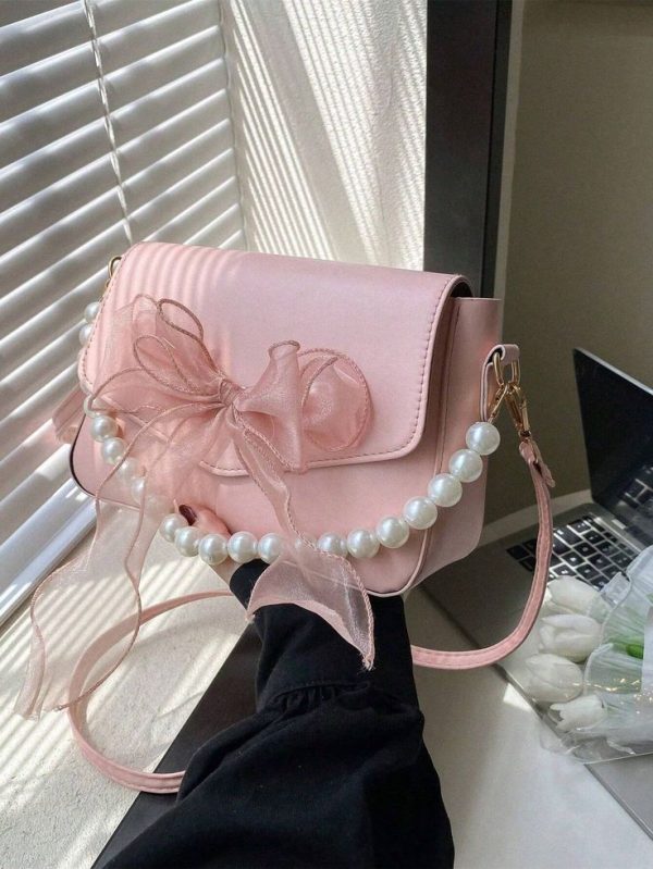Pink Mini Square Bag Faux Pearl & Bow Decor Shoulder Bag Flap PU Sling Crossbody Bag Going Out
