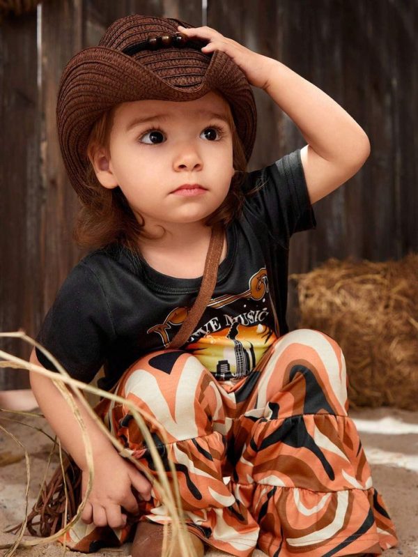 BabyGirls' Summer Countryside Vacation Knitted Music Festival Guitar Printed Flare Pants