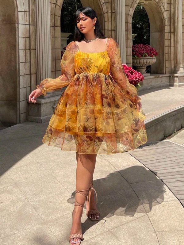 SHEIN MOD Plus Size Women Square Neck Flower Printed Long Sleeve Summer Dress