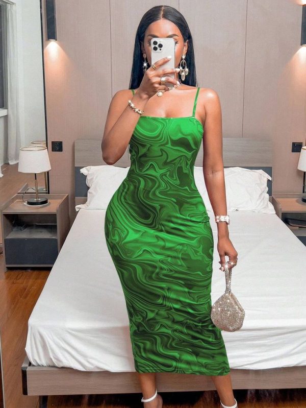 SHEIN SXY Women's Green Sleeveless Spaghetti Strap Dress (random Print)