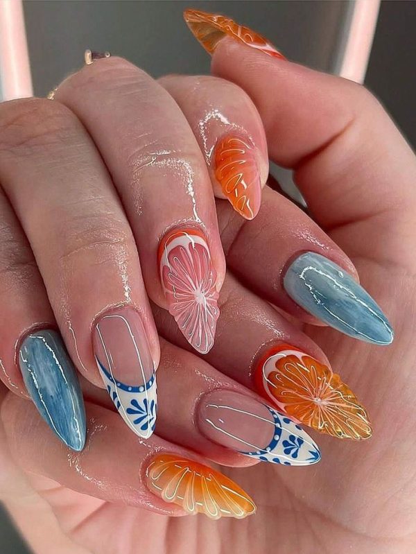 Y2K Pink French Tip Press On Nails,Almond Fake Nails With 3D Relief Colorful Orange Sunny Designs