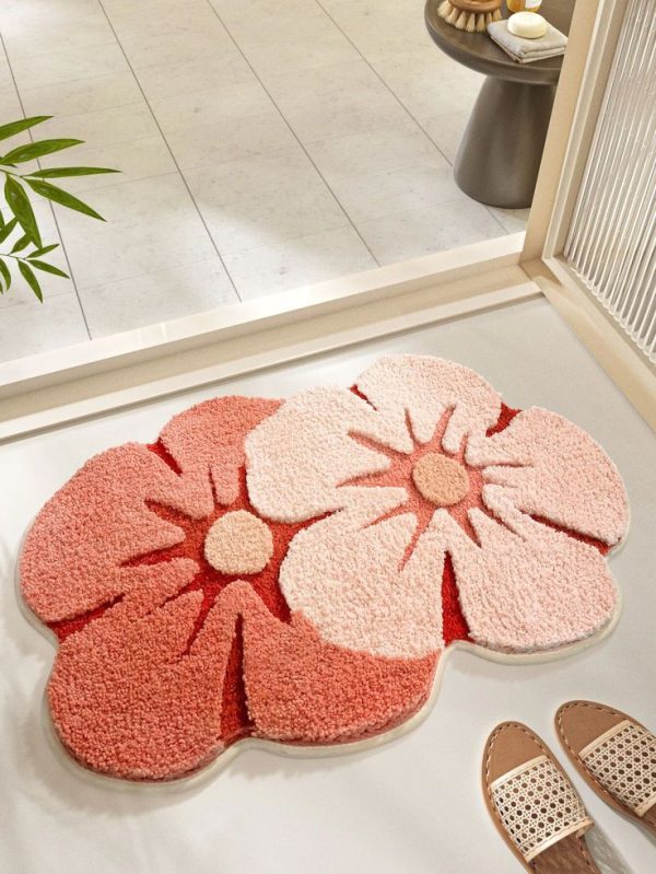 All Seasons Unique Shape Pink Double Flower Cartoon Design Anti-slip Bottom Soft Bathtub Floor Mat