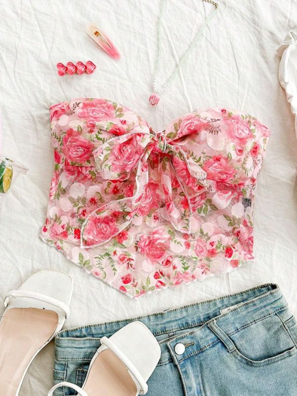 SHEIN WYWH Women's Vacation Lace Tie-Front Floral Print Asymmetrical Hem Bandeau Top