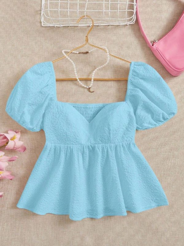 SHEIN WYWH Women's Solid Color Shirt With Sweetheart Neckline And Gathered Waist