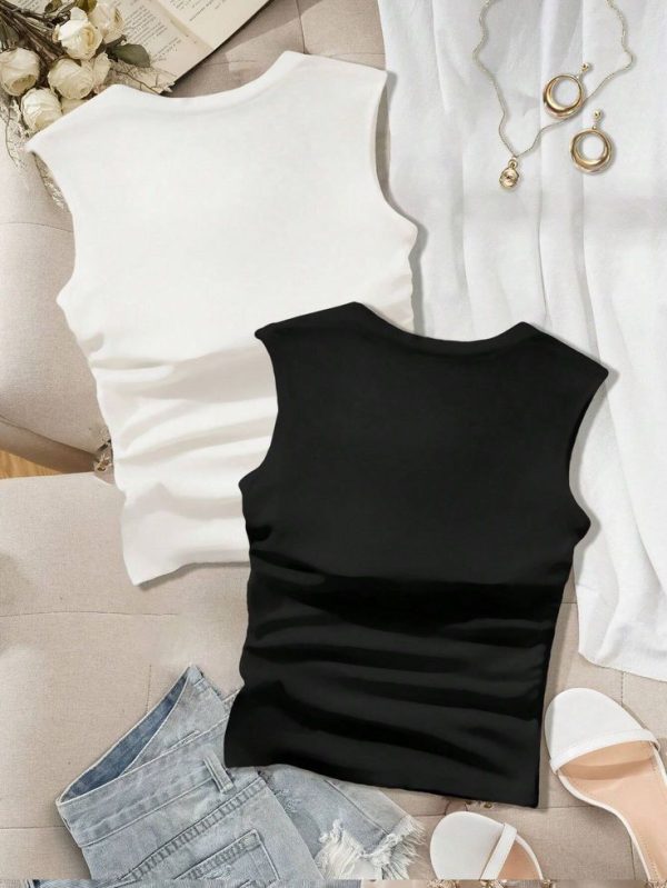 SHEIN Essnce 2pcs Black & White Pleated Waist Slim Fit Tank Tops For Women Plus Size, Summer Top